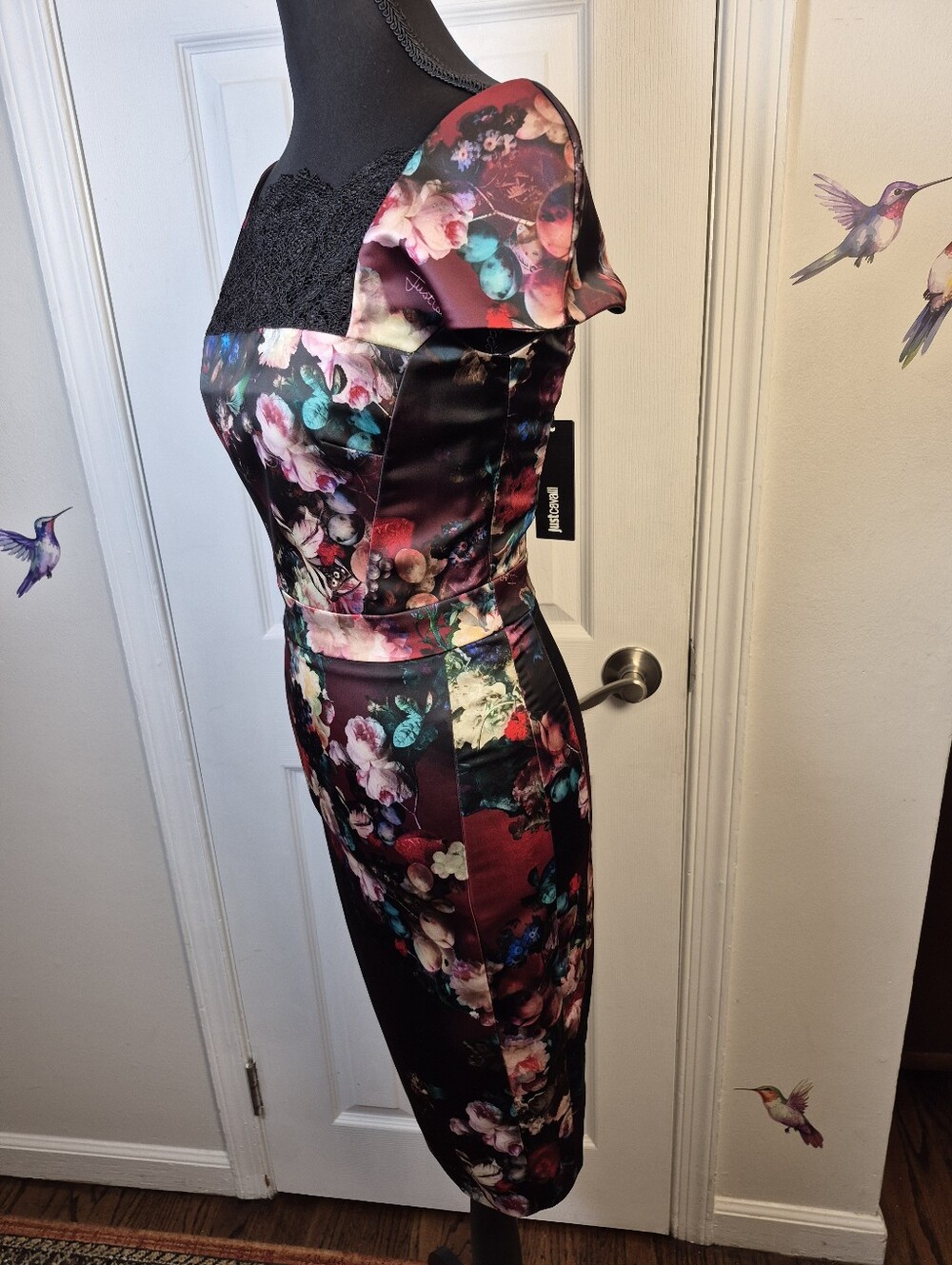 Just Cavalli Floral Satin Lace Cap Sleeve Sheath Dress IT 38 US XS - Picture 3 of 10